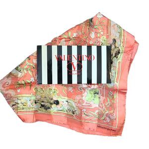 Valentino Garavani Coral Orange Filigree & Floral 26" Silk Scarf w/ Box, EUC